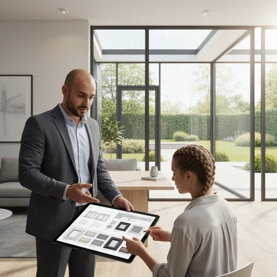 Architect discussing customization options for aluminium windows with a homeowner