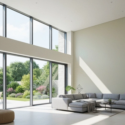 Modern living room with large aluminium windows letting in abundant natural light