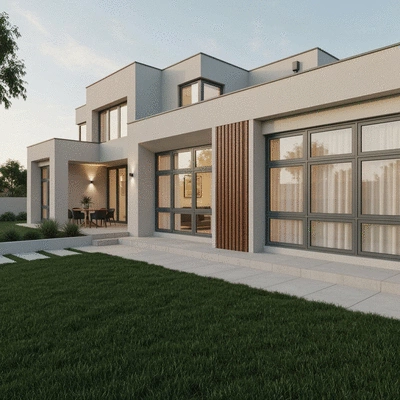 Modern home exterior with stylish aluminium windows in a trendy color, showcasing aesthetic appeal and functional design