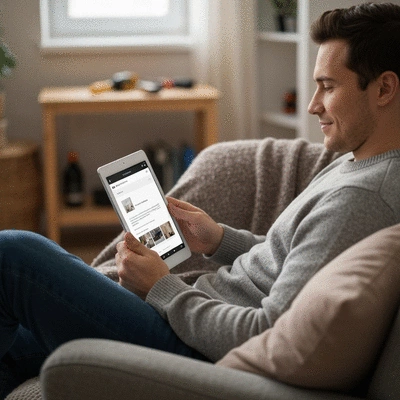 Person reading a home renovation blog on a tablet with tools in the background