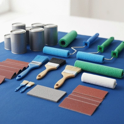 An organized set of painting tools, including brushes, rollers, sandpaper, and primer cans, neatly arranged on a clean drop cloth, ready for aluminium window preparation