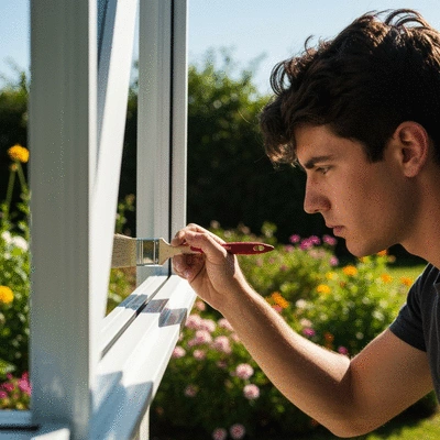 Person carefully painting an aluminium window frame outdoors