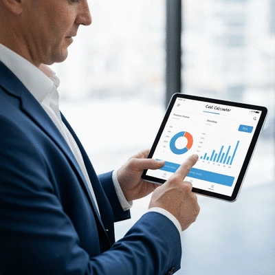 Person using a tablet to interact with a cost calculator application, showing financial data and charts, clean, modern interface, no text, no words, no typography, 8K