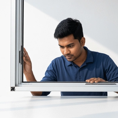 Professional inspecting an aluminium window frame for repair