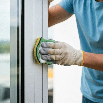 Close-up of a person cleaning an aluminium window frame with a sponge and mild detergent, showing meticulous surface preparation before painting, bright and clean environment