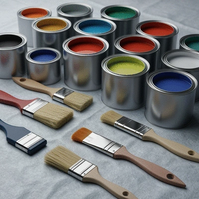 Close-up of various paint cans and brushes on a drop cloth