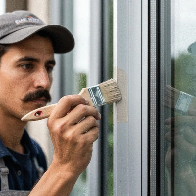 Close-up of a painter applying paint to an aluminum window frame with a brush, showing attention to detail and smooth finish, no text, no words, no typography, clean image, 8K
