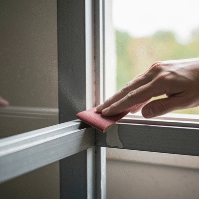 Close-up of a hand sanding an aluminium window frame with sandpaper, showing meticulous surface preparation before painting. Focus on texture and detail.