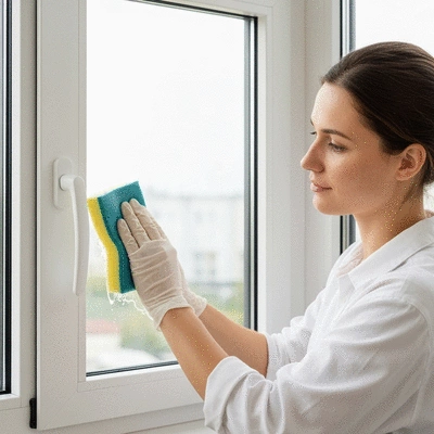 Person meticulously cleaning an aluminium window frame with a sponge and solution, preparing it for paint. Focus on cleanliness and detail.