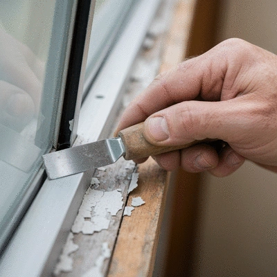 Close-up of a hand carefully removing old paint from an aluminium window frame with a scraper, showing focused effort and detail, no text, no words, no typography, clean image