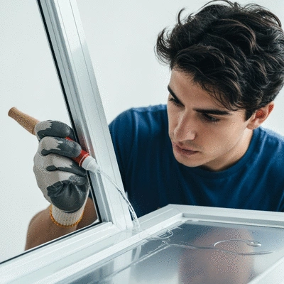 Close-up of a person applying sealant to a freshly painted aluminium window frame, highlighting the protective step, no text, no words, no typography, clean image