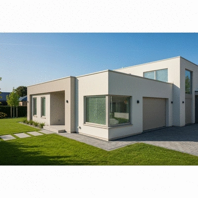 Modern home exterior with stylish aluminum window frames in a neutral color, no text, no words, no typography, clean image