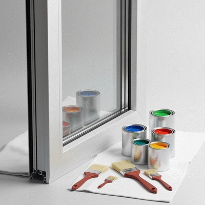 Assortment of paint cans and brushes on a drop cloth next to an aluminium window frame, representing different options and tools, studio lighting, no text, no words, no typography, 8K, clean image