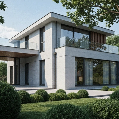 Modern house exterior with stylish aluminium windows, showcasing harmonious colour matching with the facade