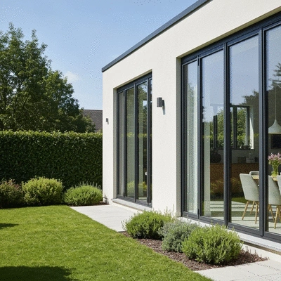 Modern home with stylish dark aluminium window frames, lush green garden