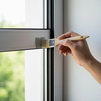 Close-up of a hand painting an aluminium window frame with a brush, showing careful application and a smooth finish, bright natural light, no text, no words, no typography, 8K, clean image